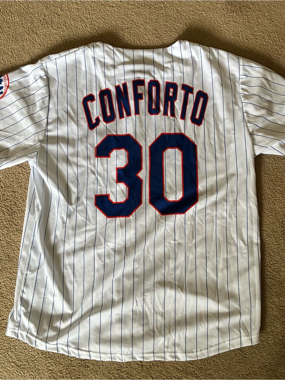 NY Mets, Conforto, #Kids XL White Pinstripe Baseball Jersey, Geico Logo